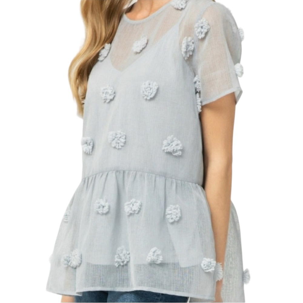 Entro Women's Medium Sheer Pom Pom Short Sleeve Crew Neck‎ Blouse Top Shirt